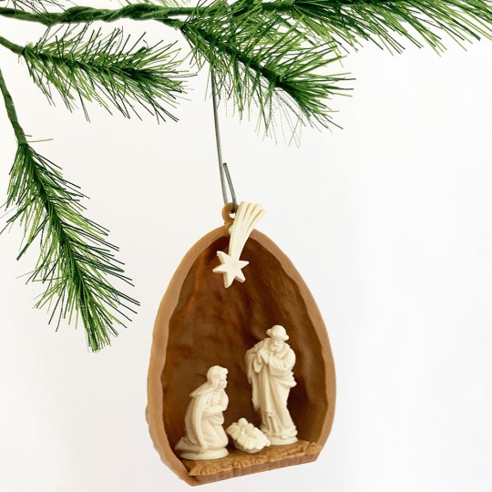 2 Miniature Plastic Ornaments ~ Walnut Nativity Scenes ~ 1-1/2" tall